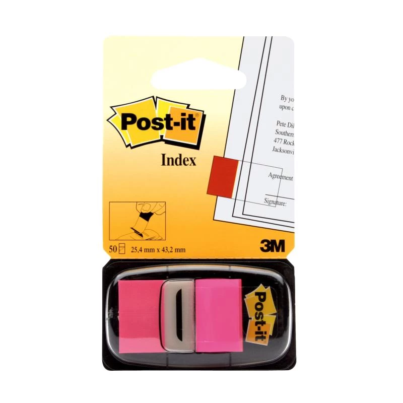 3M Post-it Index roosa, kitsas, 50 kleepriba mõõtmed, 25,4 x 43,2 mm, ühekordses dosaatoris (I680-21)