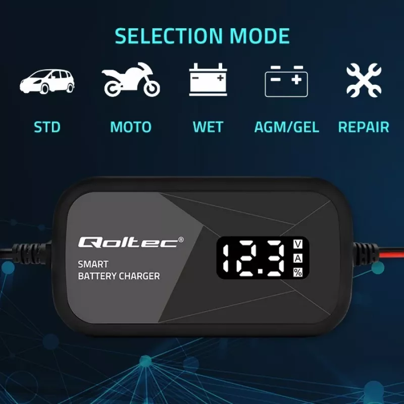 Akulaadija QOLTEC 52492 12V 2A mikroprotsessorjuhtimise ja akuelementide taastamise funktsiooniga