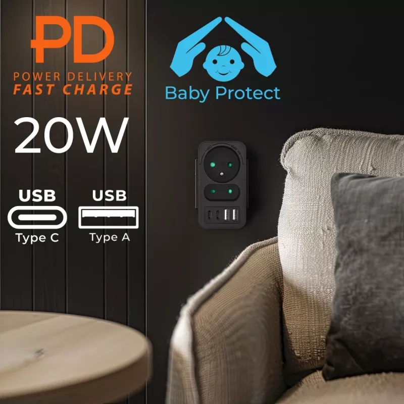 Toitejaotur MACLEAN MCE249 F/B — 2 vahelduvvoolupesa (16A + 6A) koos 2×USB-A ja 2×USB-C PD 20W, EL-pistik, must