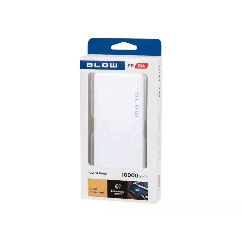 Kaasaskantav laadija akupank BLOW PB10A 10000mAh (37Wh), 2x USB-A väljundid, 22,5W koguvõimsus, Micro‑USB sisend, polümeeraku