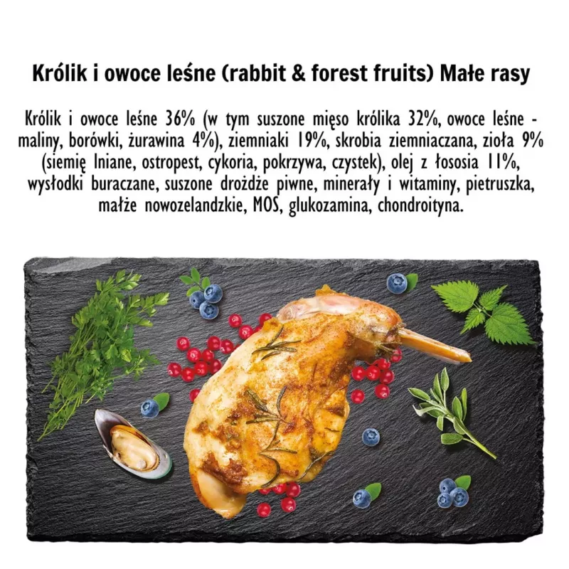 Kuiv koeratoit PAKA ZWIERZAKA Rabbit with Forest Fruits S 3 kg — täiskasvanud väikestele/keskmistele koertele, 29% valku, 16% rasva, gluteeni- ja sojavaba