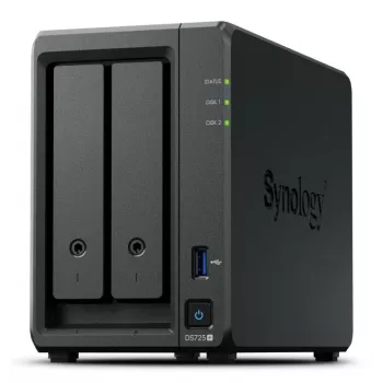 NAS Synology DiskStation DS725+ 2-kohaline Ryzen R1600 4GB DDR4 ECC, 2.5GbE, 2x M.2, RAID tugi, 0TB, Must