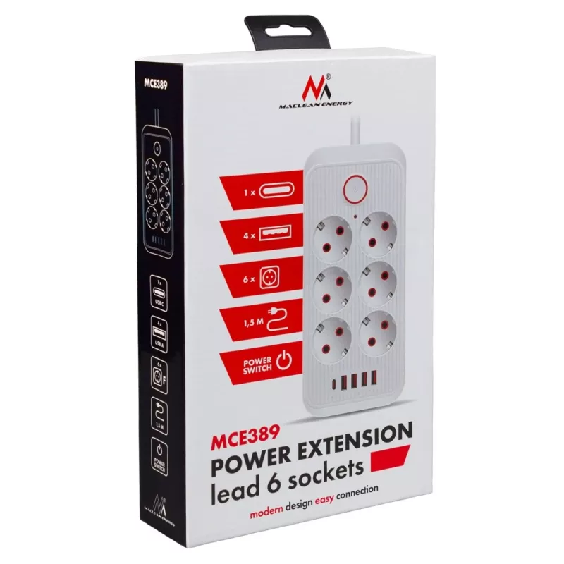 Pistikupesadega pikendusjuhe MACLEAN MCE389 B — 6 pistikupesa, 4×USB-A + 1×USB-C, 110–240V, 2,1A, 2500W, 1,5 m kaabel, must