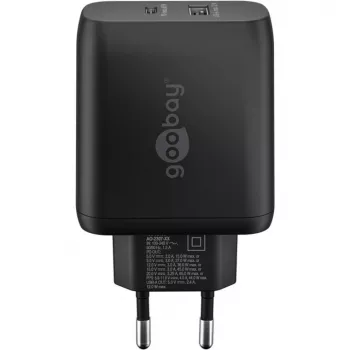 USB-C kahekiirlaadija, PD, GaN, 65 W (must, 1× USB-C, 1× USB-A, Power Delivery)