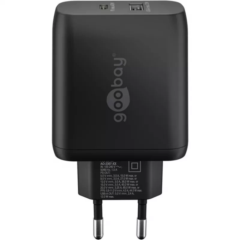 USB-C kahekiirlaadija, PD, GaN, 65 W (must, 1× USB-C, 1× USB-A, Power Delivery)