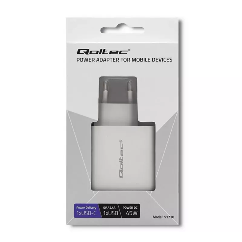 Qoltec 51718 Laadija | 45W | 5-20V | 2,4-3A | USB tüüp C PD | USB | Valge