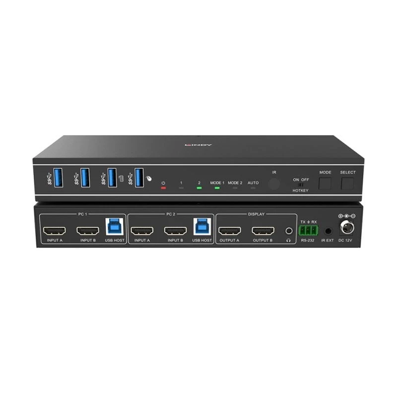 Lindy 2-pordiline kahe peaga HDMI 4K60, USB 3.0 KVM-lüliti, 4096 x 2160 pikslit, 4K Ultra HD, must