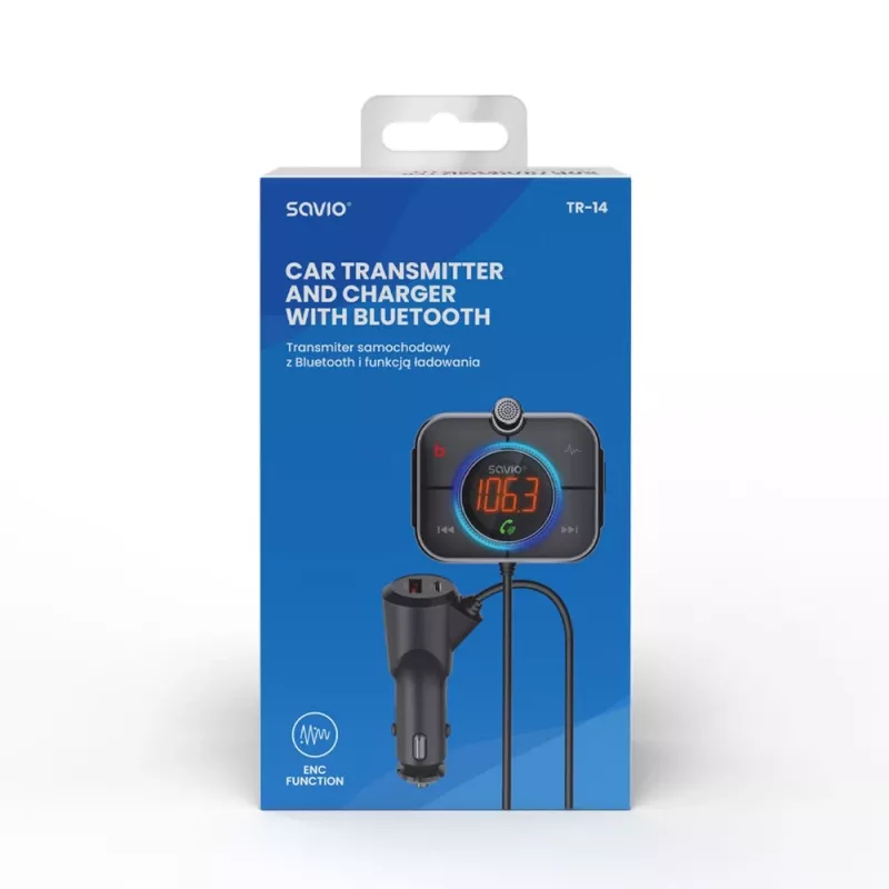 FM-saatja SAVIO TR-14 Bluetooth USB, FM 87,6–107,9 MHz, MicroSD, USB-C, 12 V autotoide