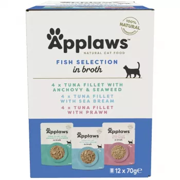 Applaws kalavalik puljongis, märgtoidu multipakk kassidele, 12 × 70 g