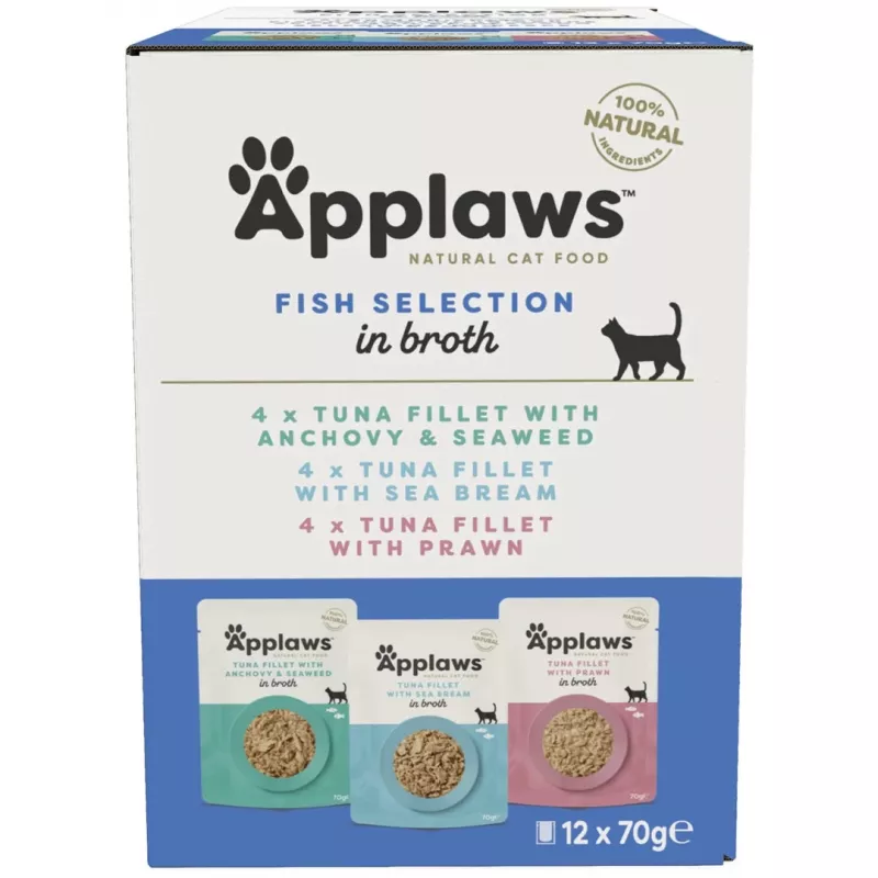 Märg kassitoit Applaws Fish selection multipack puljongis 12 x 70 g, täiskasvanud, 83% niiskust, kotikesed
