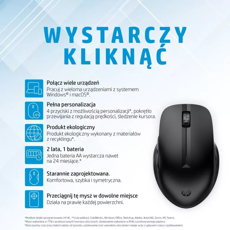 HP 435 mitme seadme juhtmevaba hiir, mõlemakäeline, raadiosageduslik juhtmevaba + Bluetooth, 4000 DPI, must