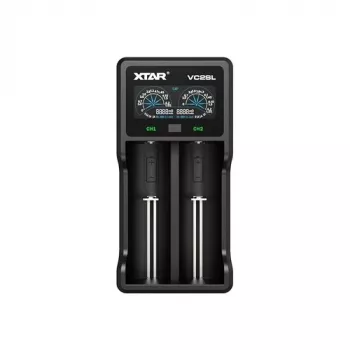 Akulaadija XTAR VC2SL — USB 5V 1A, LCD, laeb 2 elementi, ühildub Li‑Ion/NiMH/NiCd, suurused A/AA/AAA/AAAA/C/D/SC, must
