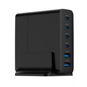 GEMBIRD mobiilseadme laadija TA-UC-2A4C-PD75-01-BK — 75 W, 4× USB-C + 2× USB-A, PD ja QC3.0, 6 seadme samaaegne laadimine, 1,5 m kaabel, must