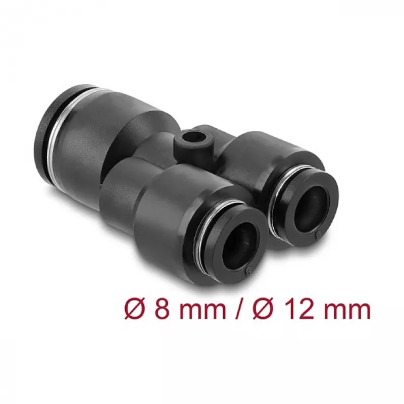 Pneumaatiline Y-ühendus DELOCK 2×8 mm kuni 1×12 mm koos kinnitusavaga, metall/plast, sisekeere, 50,5 mm