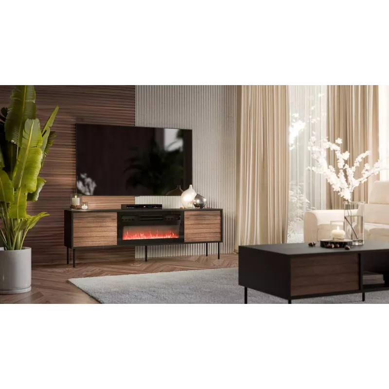 TV-kapp cama meble CORTINA 180x40x60 cm must/pähkel musta elektrikaminaga