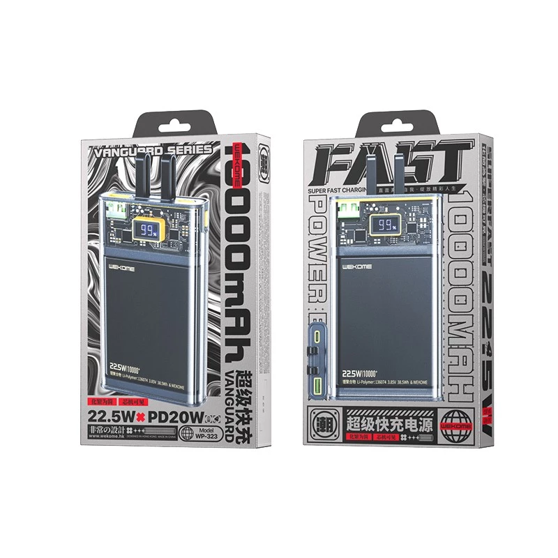 WEKOME WK-WP-323 Vanguard seeria akupank, 10000 mAh, sisseehitatud USB-C ja Lightning kaabel, PD 20 W + QC 22,5 W