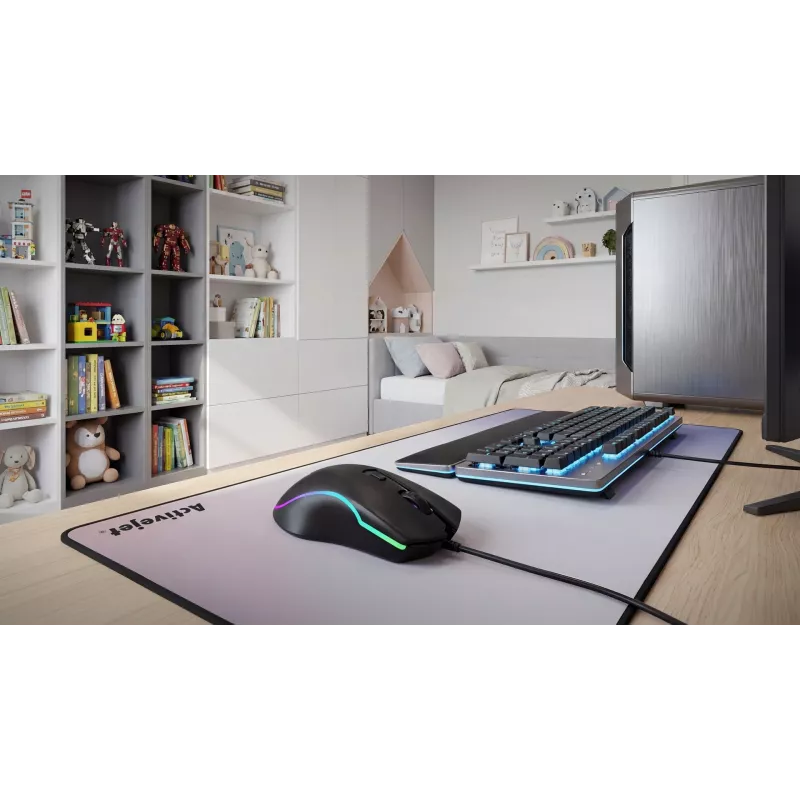 Juhtmega soojendusega mängurihiir ActiveJet AMY-W390 — mõlemakäeline, optiline 2000 DPI, USB Type-A, 4 nuppu, must