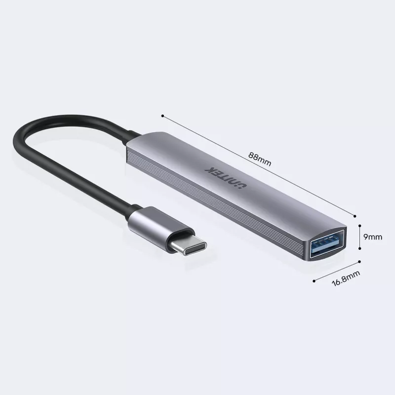 USB-C jaotur Unitek H1208B — 1x USB-A 5 Gbps, 3x USB-A 2.0, USB-C host, alumiiniumkorpus, 0,20 m kaabel