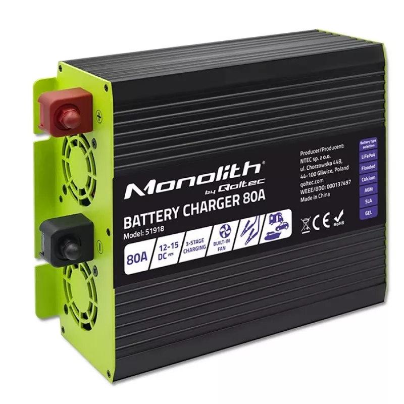 Akulaadija QOLTEC 51918 80A 12V — laadija LiFePO4, AGM, GEL, SLA akudele