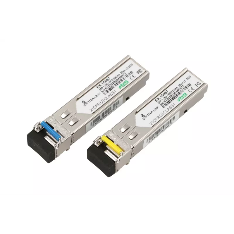 Extralink SFP WDM-moodul 1,25G, 1,25 Gbit/s, 1310/1550nm, ühemoodiline, 20 km, LC, DOM, paar, mõeldud HP/Aruba jaoks