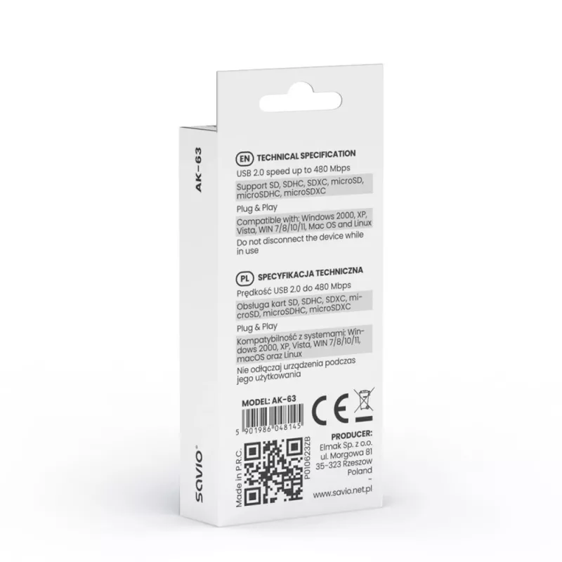 SD-kaardilugeja, USB 2.0, 480 Mbps, AK-63 Savio SAVAK-63