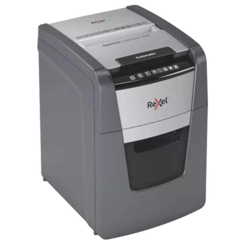 Paberipurustaja REXEL Optimum AutoFeed+ 100X — 100-leheline automaatne söötmine, 4 x 28 mm ristlõige, 34 L mahuti, alumiinium