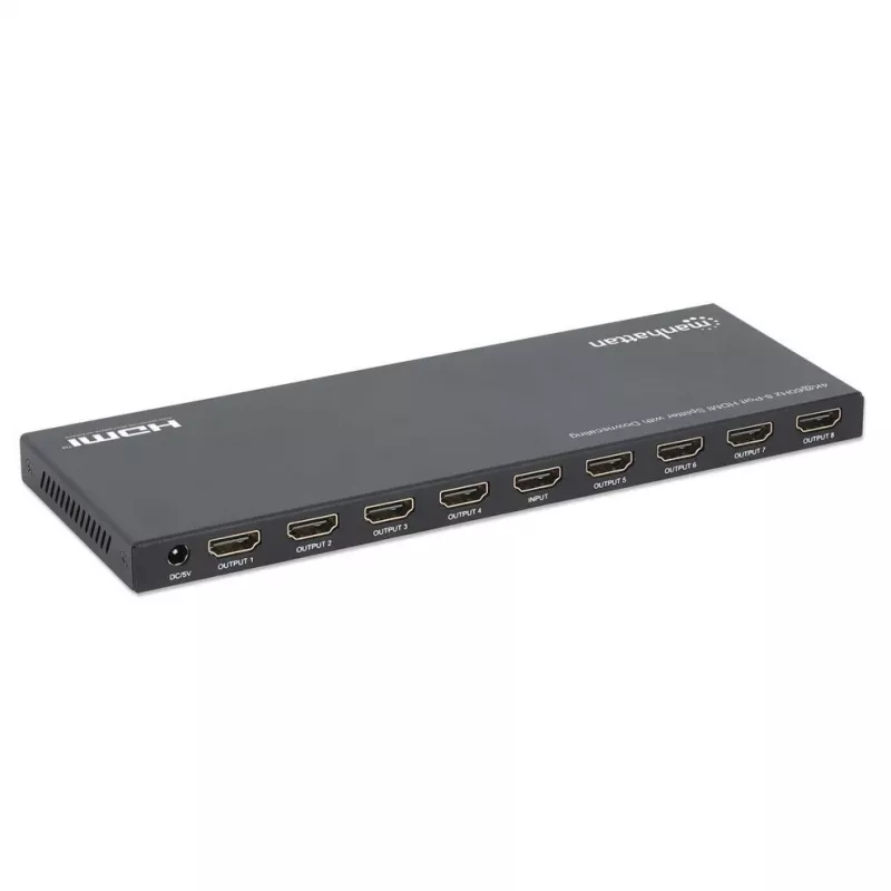 Manhattan 4K@60Hz 8-pordiline HDMI-jaotur skaleerimise vähendamisega, jaotab ühe HDMI-sisendi kaheksale HDMI-väljundile (1x8), 18G, EDID-lüliti skaleerimise vähendamiseks, must