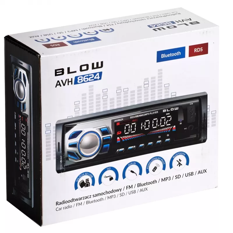 Autoraadio BLOW AVH-8624 — FM RDS, 45W RMS, Bluetooth, USB, MicroSD, AUX, LCD-ekraan, kaugjuhtimispult, must