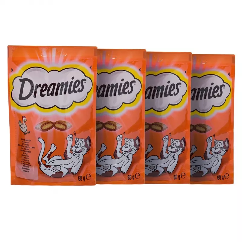 Kassimaiused Dreamies Juust, Kana, Lõhe assortii 12×60 g — lihased tahked snäkid, Valk 31%, Rasv 21%