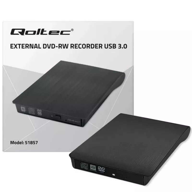 Väline DVD‑RW seade QOLTEC 51857 — USB 3.0, SATA liides, DVD±R 8x, DVD±RW 4x, DVD‑RAM 5x, CD 24x, must