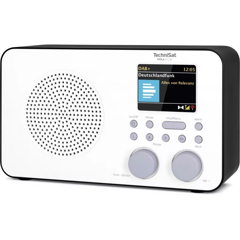 Internetiraadio TECHNISAT VIOLA 2 C IR — Analoog- ja digituuner, DAB+/FM, Wi‑Fi, 3 W, 2,4-tolline TFT, 3,5 mm, must/valge