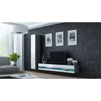 TV-alus Cama Meble VIGO NEW 30/140/40 — 1400×400×300 mm, hall pealispind, puitlaastplaat, hall raam, valged läikivad esipaneelid