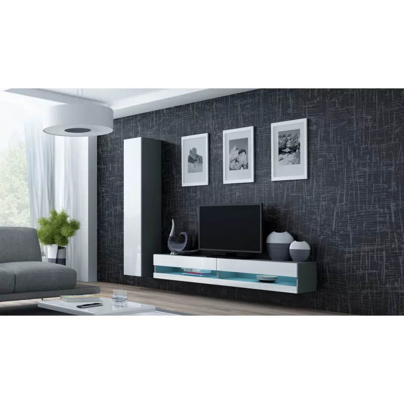 TV-alus Cama Meble VIGO NEW 30/140/40 — 1400×400×300 mm, hall pealispind, puitlaastplaat, hall raam, valged läikivad esipaneelid