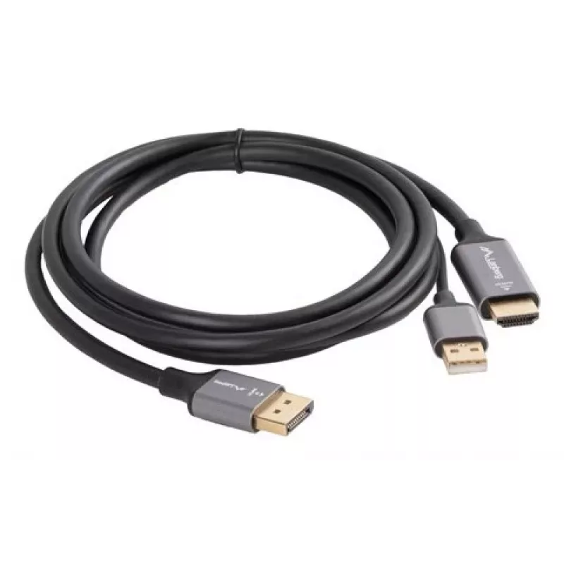 Lanberg CA-HDDP-20CU-0018-BK videokaabli adapter 1.8 m DisplayPort HDMI + USB must, hõbedane