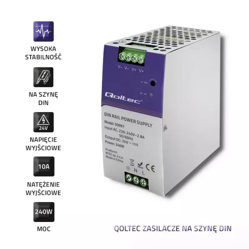 DIN-liistu toiteplokk QOLTEC 50997 240W 24V 10A