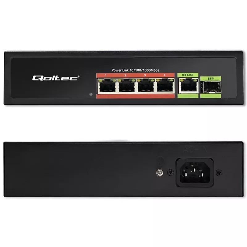 Ethernet PoE-lüliti QOLTEC 52296 — 4x RJ45 PoE-porti, 1x RJ45 üleslink