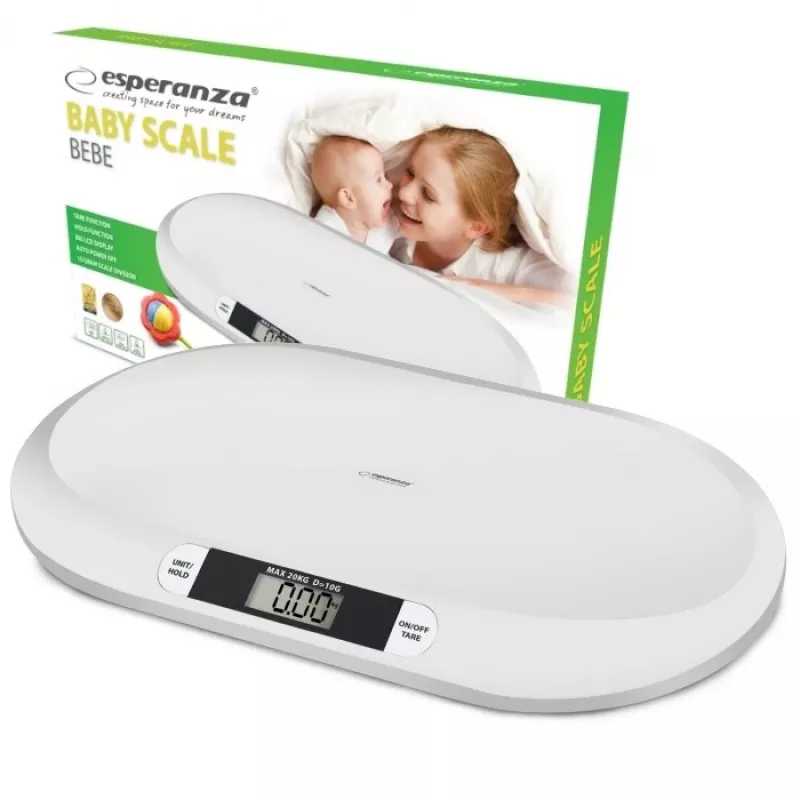 Elektrooniline imikukaal ESPERANZA EBS019 — kaalumisvahemik 0,03–20 kg, 0,01 kg jaotus, suur 60×25 mm LCD, valge