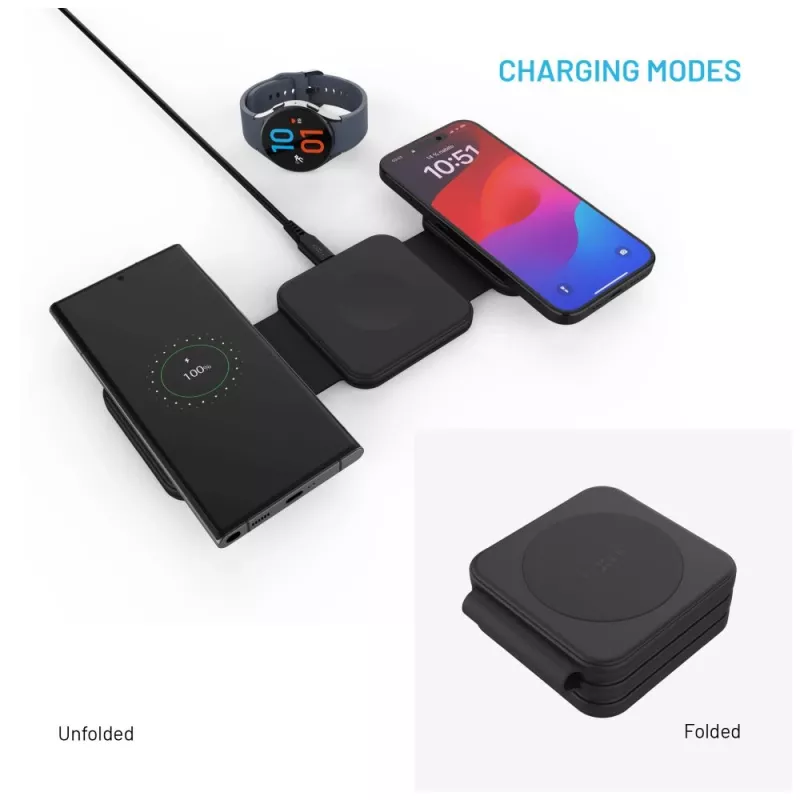 Kokkuvolditav juhtmevaba laadija FIXED FIXFLE-SA-BK 3‑ühes Samsungile — kompaktne kaasaskantav laadija telefonile, kõrvaklappidele ja kantavatele seadmetele