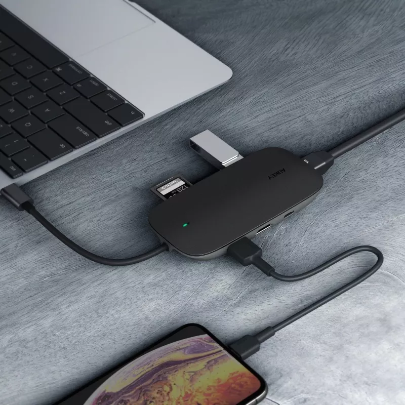 Sülearvuti dokkimisjaam AUKEY CB-C71 — 3× USB-C (USB 3.2 Gen1), HDMI, RJ‑45, MicroSD, USB PD 100W, 0,15 m kaabel, must
