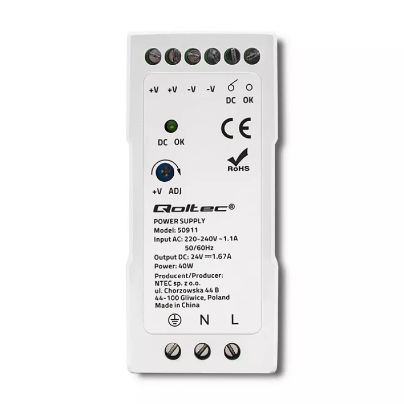 Qoltec Din Rail toiteplokk | 40W | 24V | 1.67A | Valge | õhuke