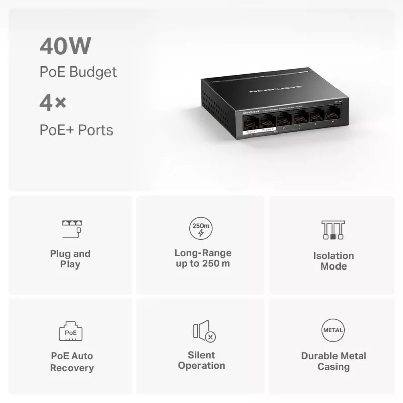 Mercusys 6-pordiline 10/100Mbps lauavõrgulüliti 4 PoE+ pordiga