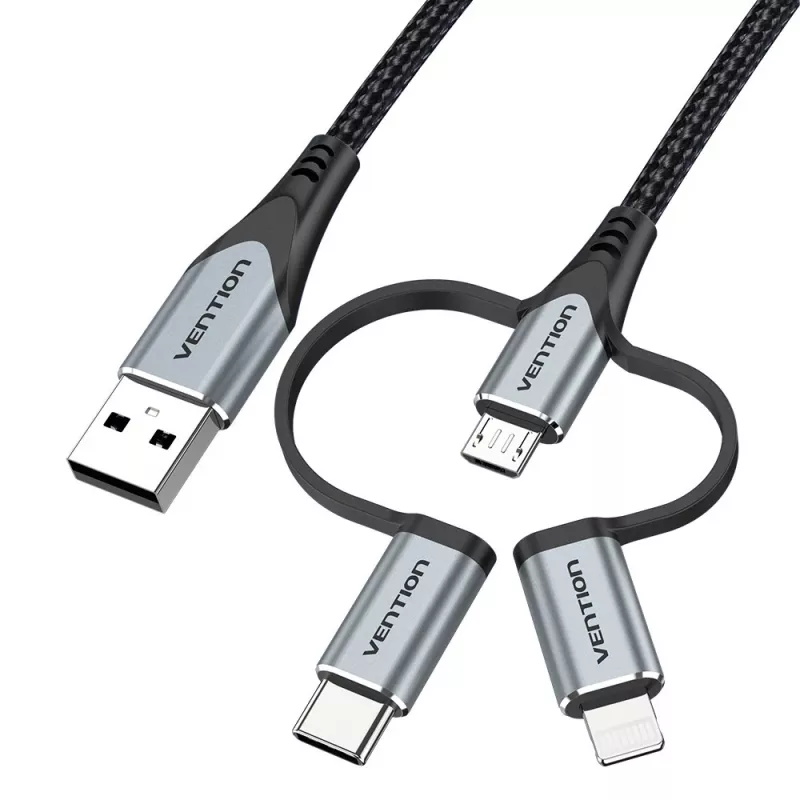Vention USB 2.0 A isane 3-in-1 Micro-B&USB-C&Lightning isasele kaablile 1M Hall alumiiniumsulamist tüüp