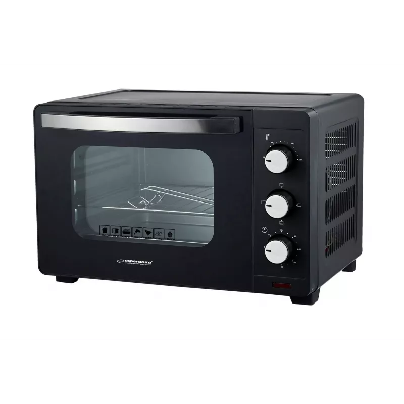 Mini ahi ESPERANZA EKO008N — 20 L, 1280–1300 W, kuni 230°C, 60 min mehaaniline taimer, pöördnupud, klaasuks, eraldiseisev