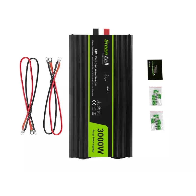 Autoinverter roheline Cell INV21 6000 W, 24V alalisvoolust vahelduvvooluks, 230V väljund, 2x USB PD, aktiivjahutus, eemaldatavad alalisvoolupistikud, must