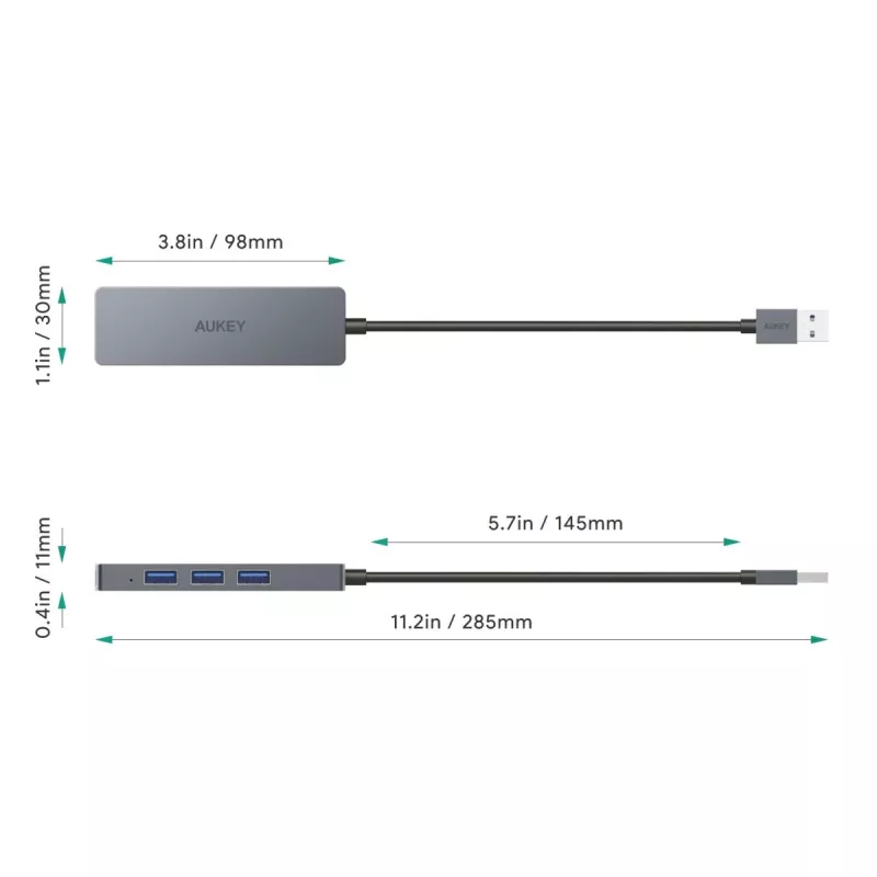 USB-jaotur Aukey CB-H36 — 4-pordiline USB 3.2 Gen 1 Type-A, host USB 2.0, 5000 Mbit/s, alumiiniumist hõbedane