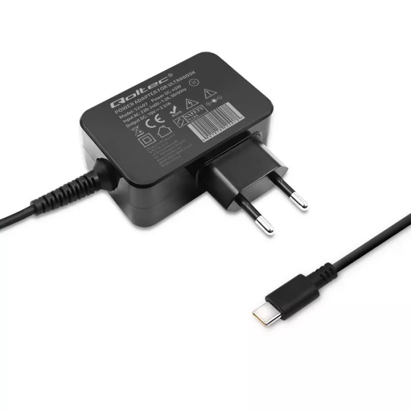 Mobiilseadme laadija QOLTEC 51024 — Universaalne vahelduvvoolu siselaadija, 65W PD, 20V/3,25A, 1,2m kaabel, must