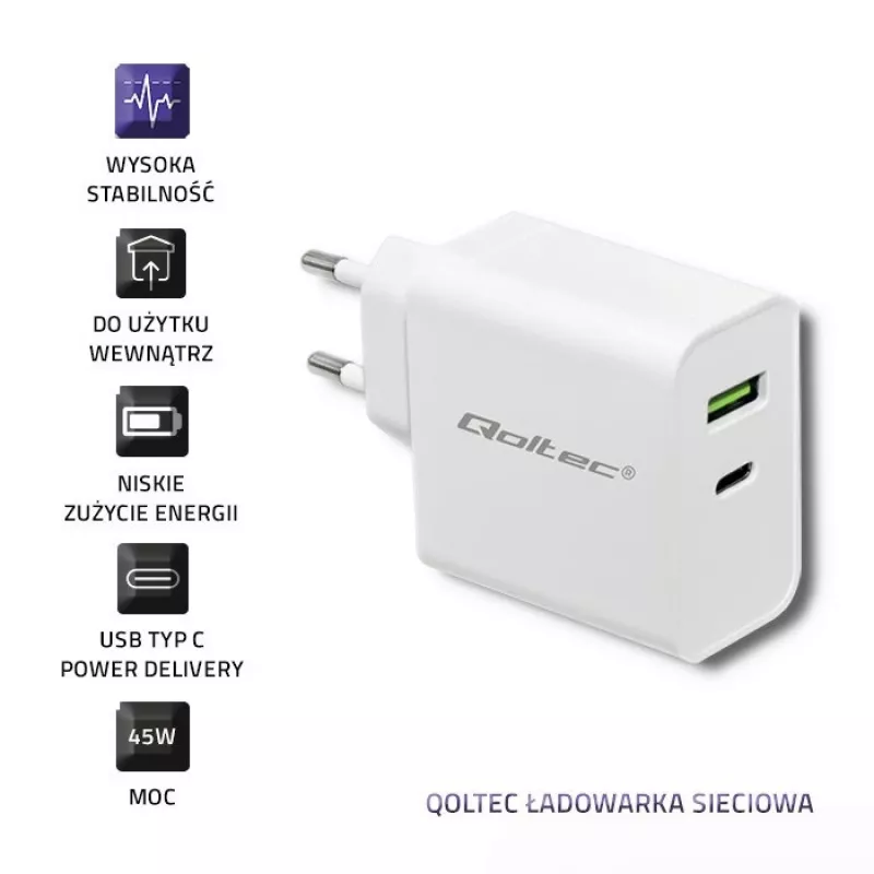 Qoltec 51718 Laadija | 45W | 5-20V | 2,4-3A | USB tüüp C PD | USB | Valge