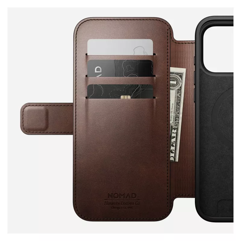 Nomad Modern Leather Folio mobiiltelefoni ümbris iPhone 17 Pro Max — pruun, nahk, 6,3-tolline ekraan, 4 kaarditaskut