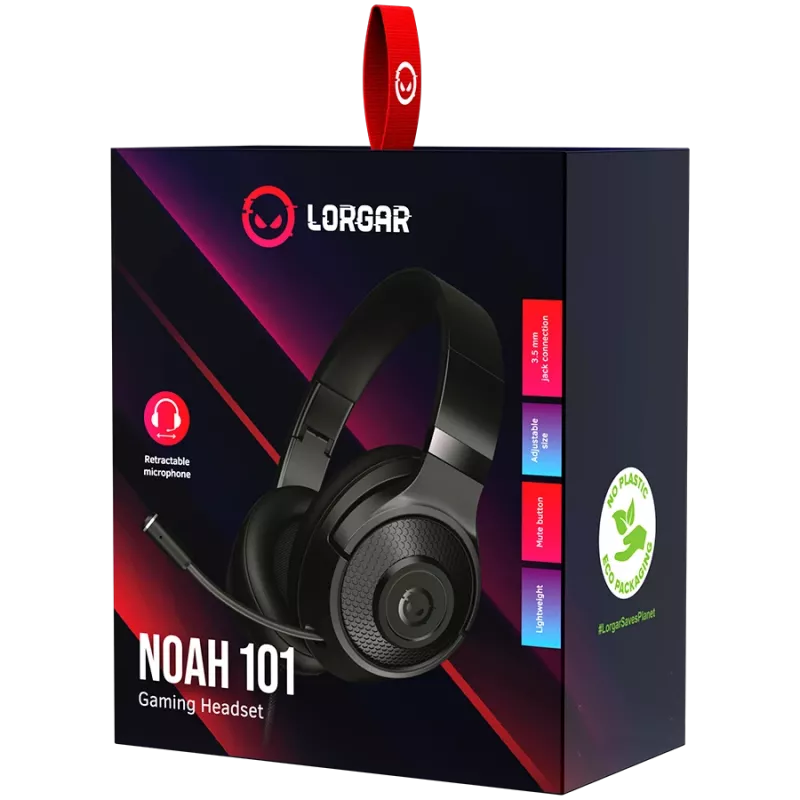 LORGAR Noah 101, mängupeakomplekt mikrofoniga, 3,5 mm pistikuga, kaabli pikkus 2 m, kokkupandav disain, PU-nahk kõrvapadjad, suurus: 185*195*80 mm, 0,245 kg, must