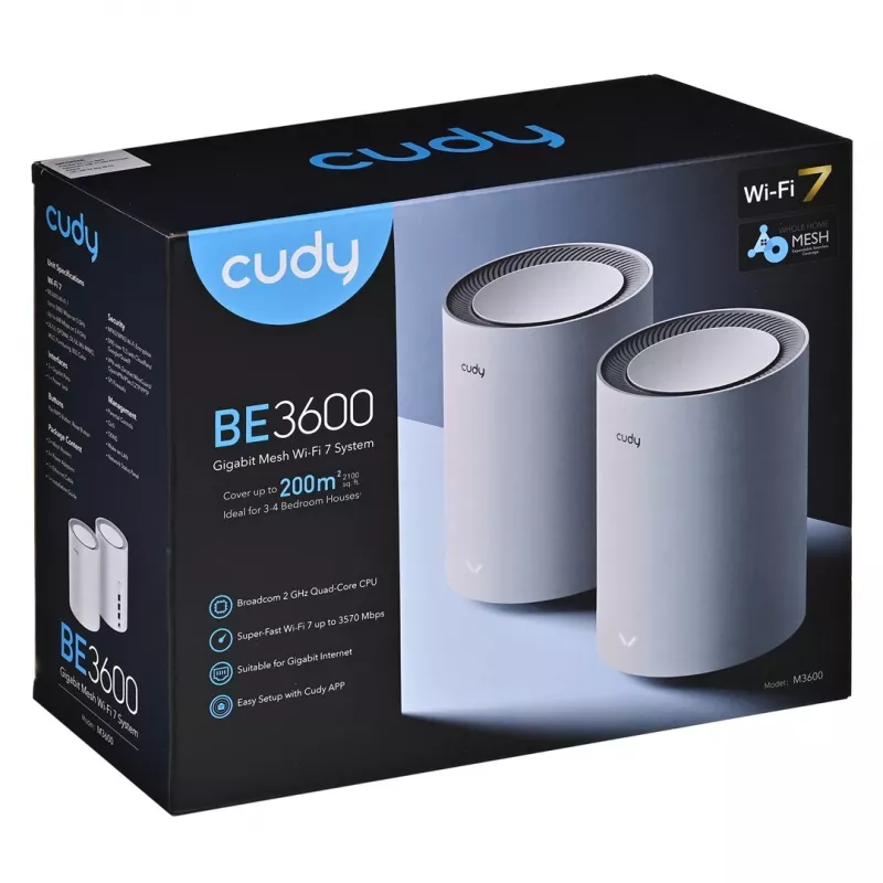 Mesh-süsteem Cudy M3600 kaheribal WiFi 7, 2882 Mbit/s, 2 tk, 4 antenni, 3x LAN, 512 MB muutmälu, 2 GHz protsessor